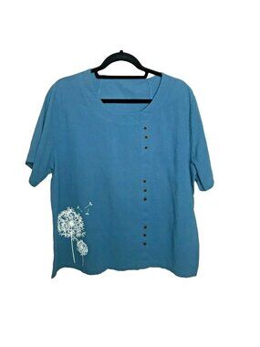 Blue Women’s Plus Top With White Dandelion Graphic Buttons 4X Cotton Relaxed